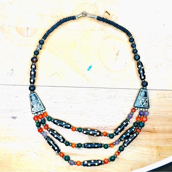 Bold Multicolor Tribal Beaded Necklace – Multi-Strand Ethnic Layered Statement - Picture 1 of 1